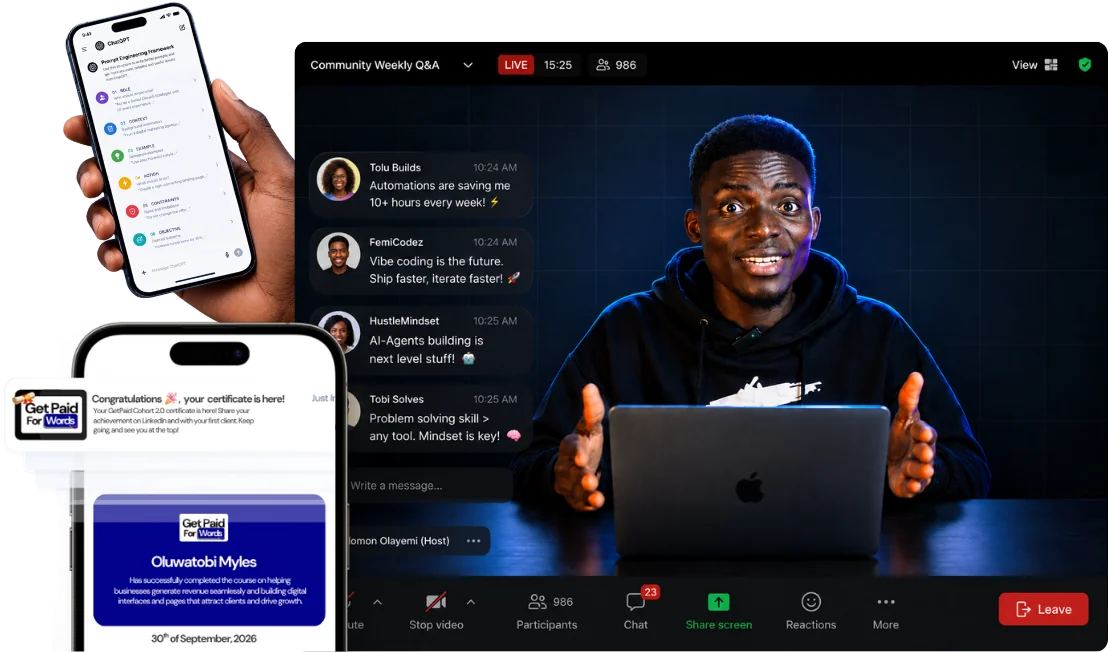 A live Get Paid For Words session — the prompt framework, the certificate, and the room